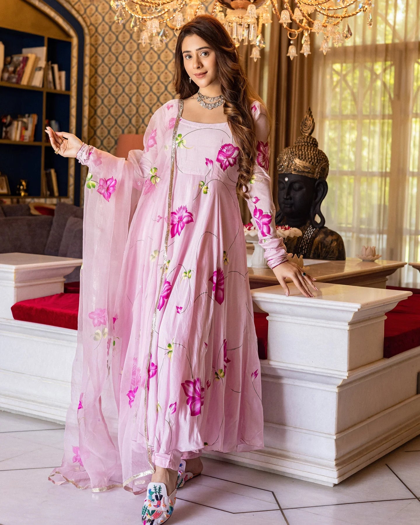 Handpainted Muslin Pink Asavari Suit Set