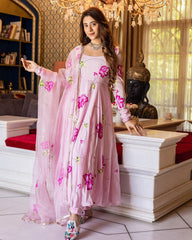 Handpainted Muslin Pink Asavari Suit Set