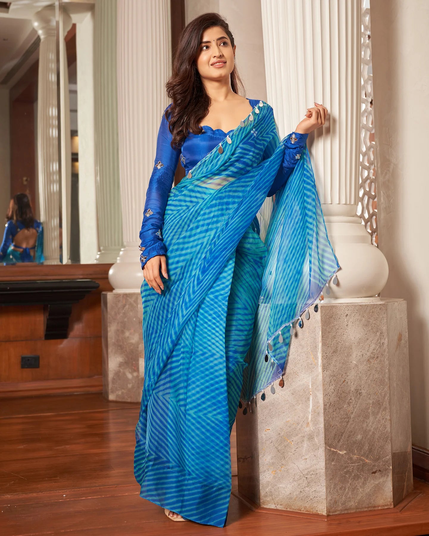Blue Leheriya Organza Pre Draped Saree
