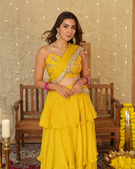 Mustard Chinon Solid Pre-Draped Saree