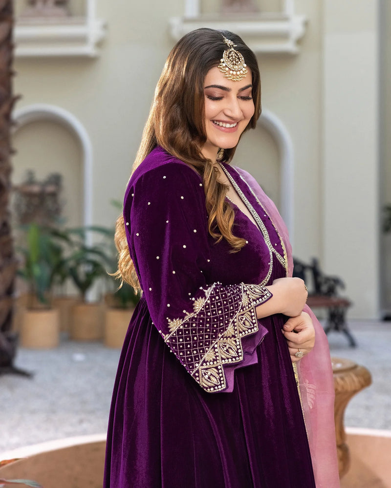 Jamni Purple Velvet Embroidered Kurti Suit