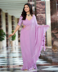 Lavender Georgette Solid Pre-Draped Saree with Blouse