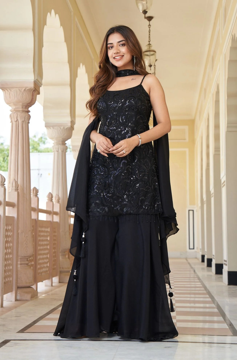 Black Viscose Piping Work Plazoo Suit