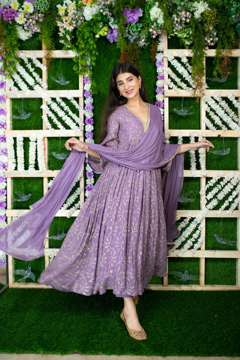 Violet Gold Thread Work Anarkali- By Reet Lifestyle