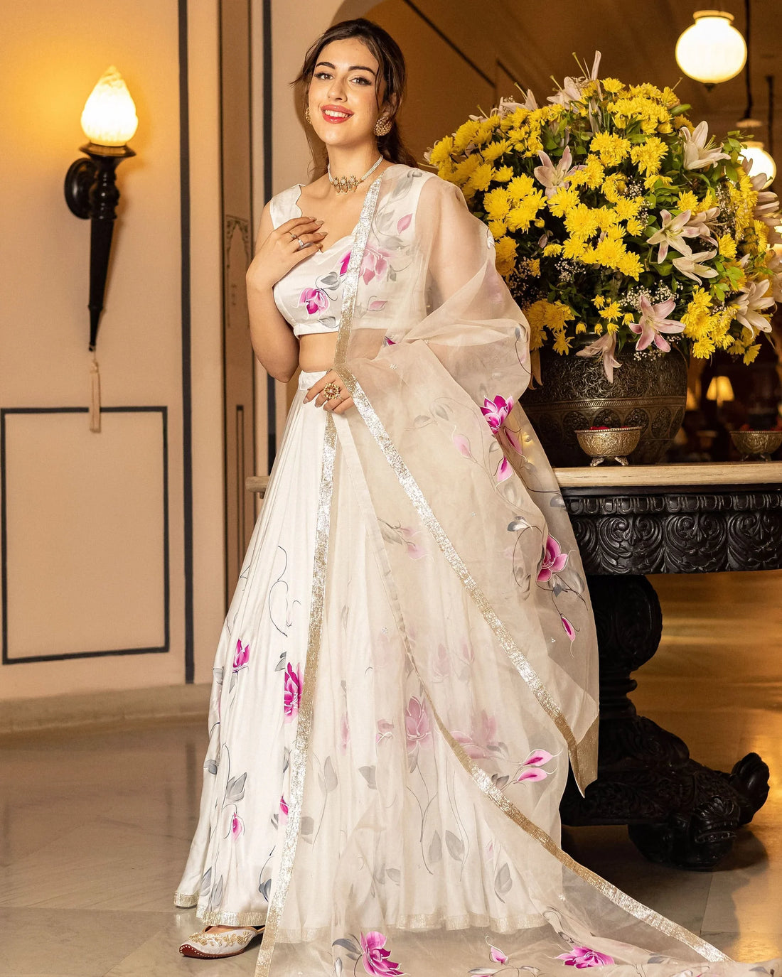 Green Hand-Painted Floral Satin Lehenga Set