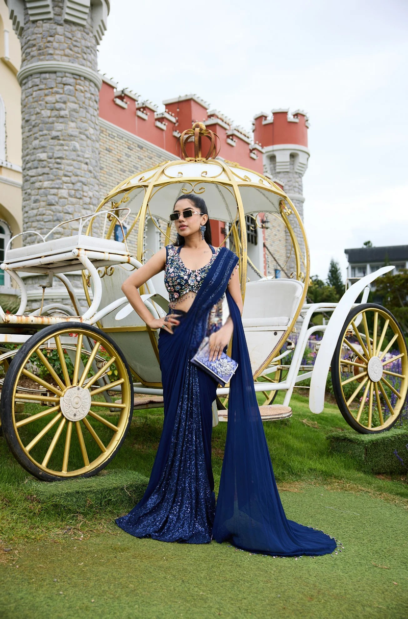 Navy Blue Viscose Designer Pre-Draped Saree