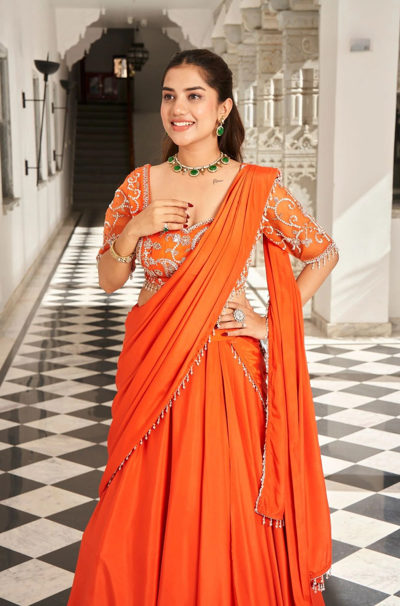 Orange Silk Crepe Pre-Draped Sequin Saree with blouse