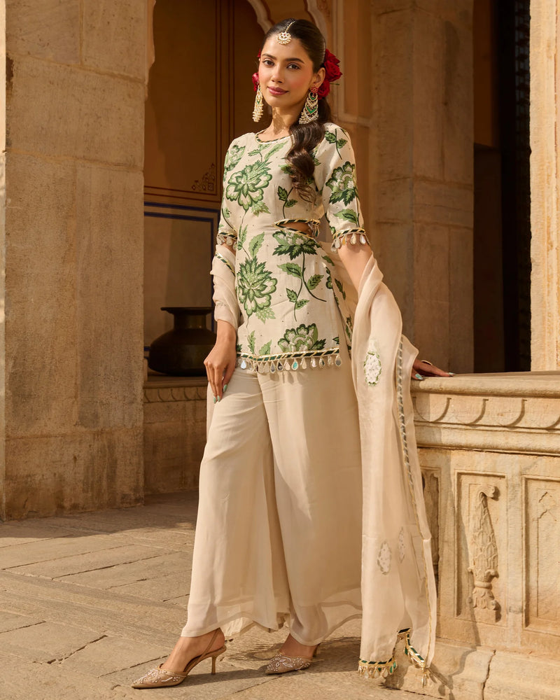 Opal Grey Printed Chanderi Suit Set- By Reet Lifestyle