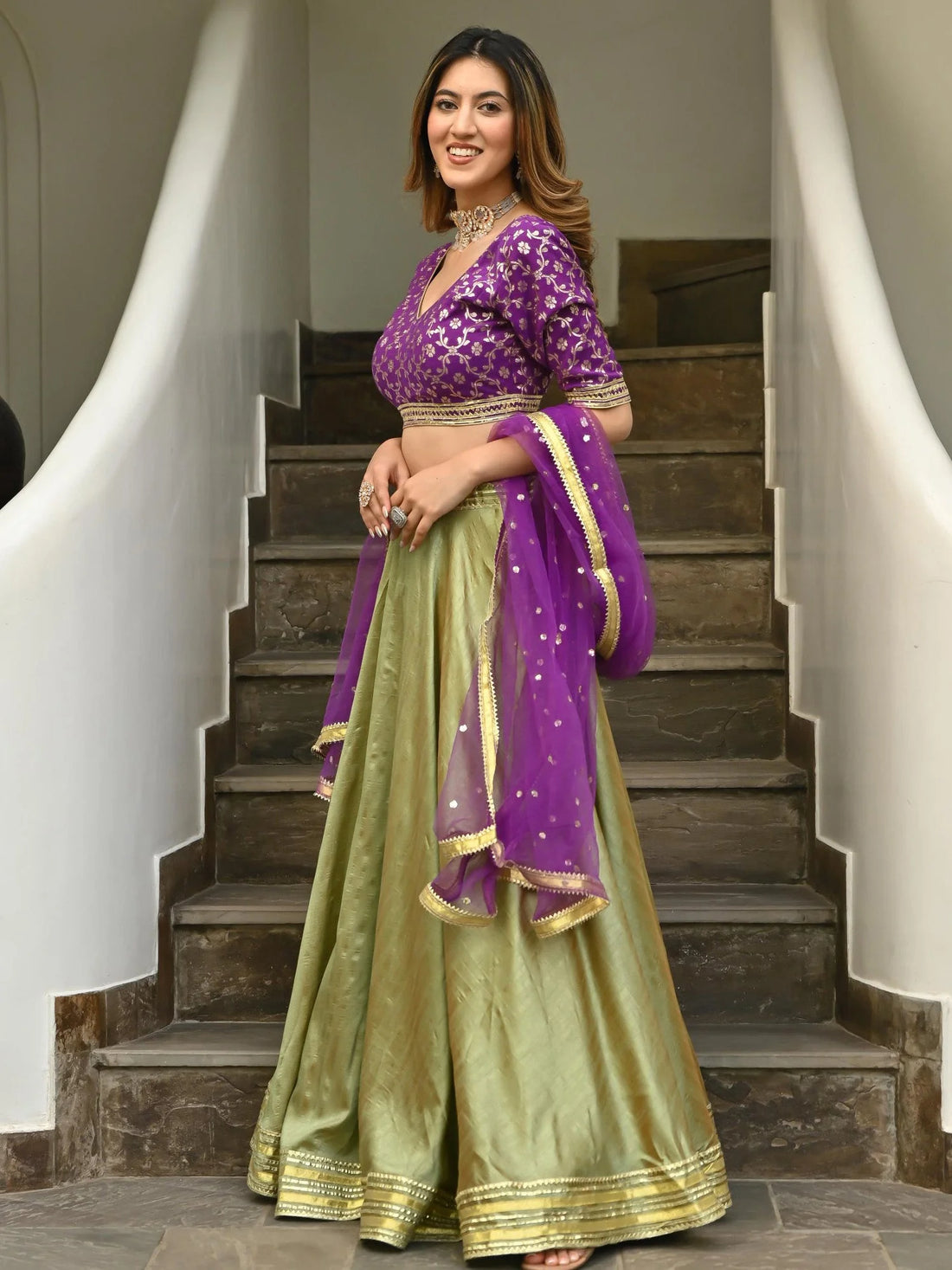 Green Purple Brocade Gota Lehenga Set