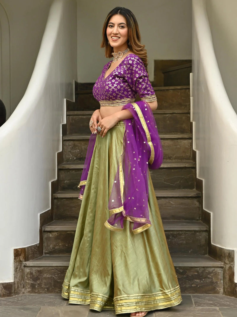 Green Purple Brocade Gota Lehenga Set