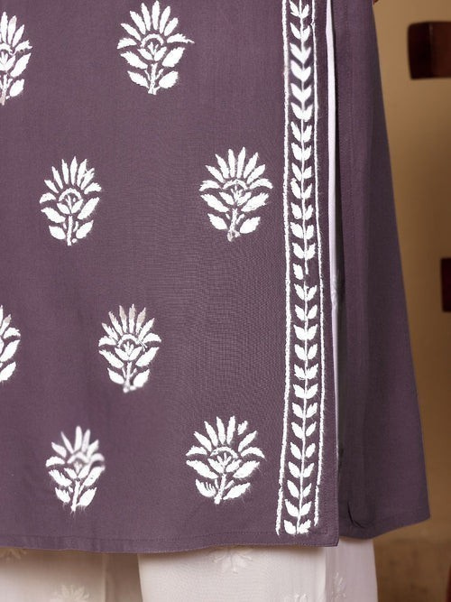 Rayon Long Chikankari Straight Kurti