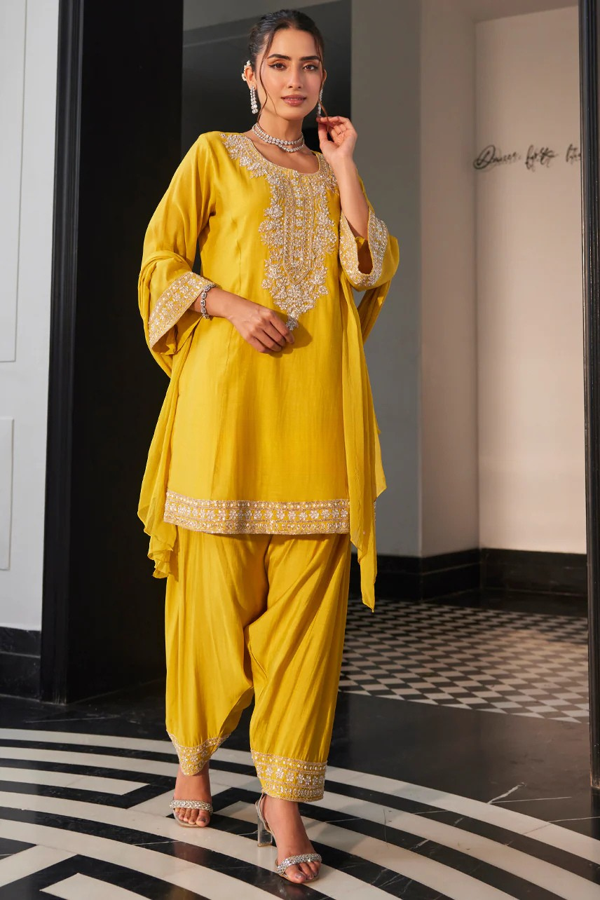 Mustard Yellow Mul-Chanderi Farshi Salwar Set