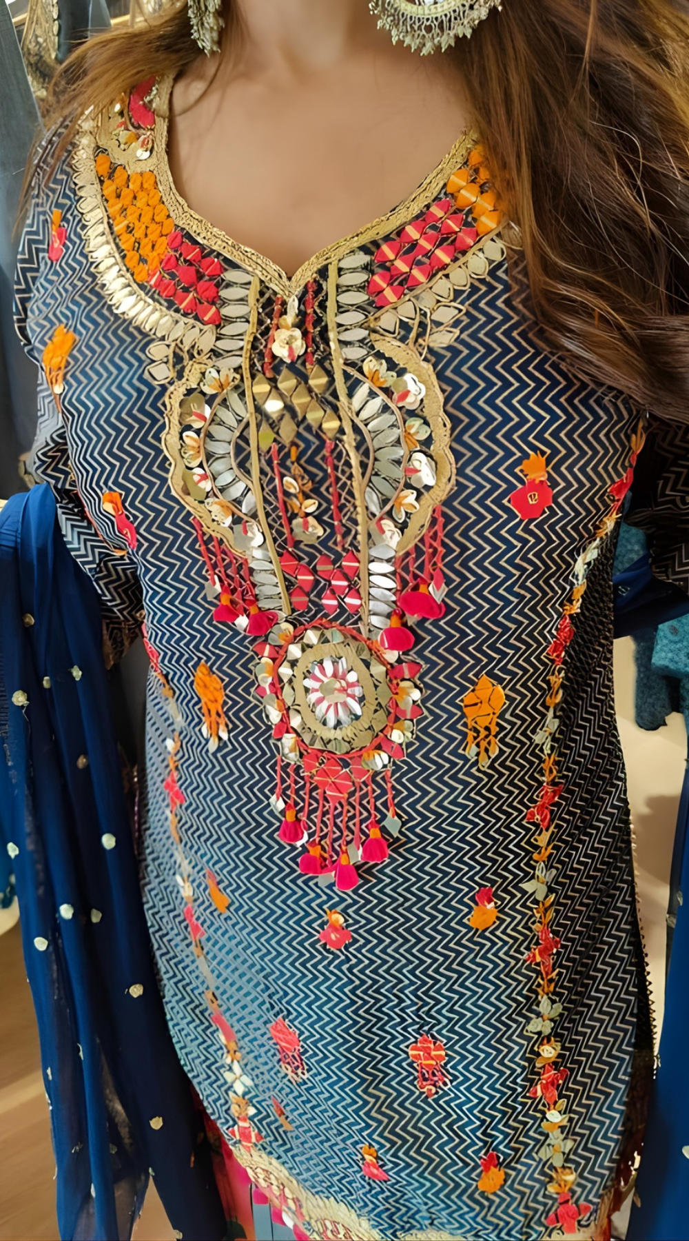 Blue Multicolor Crepe Mirror Work Sharara Set
