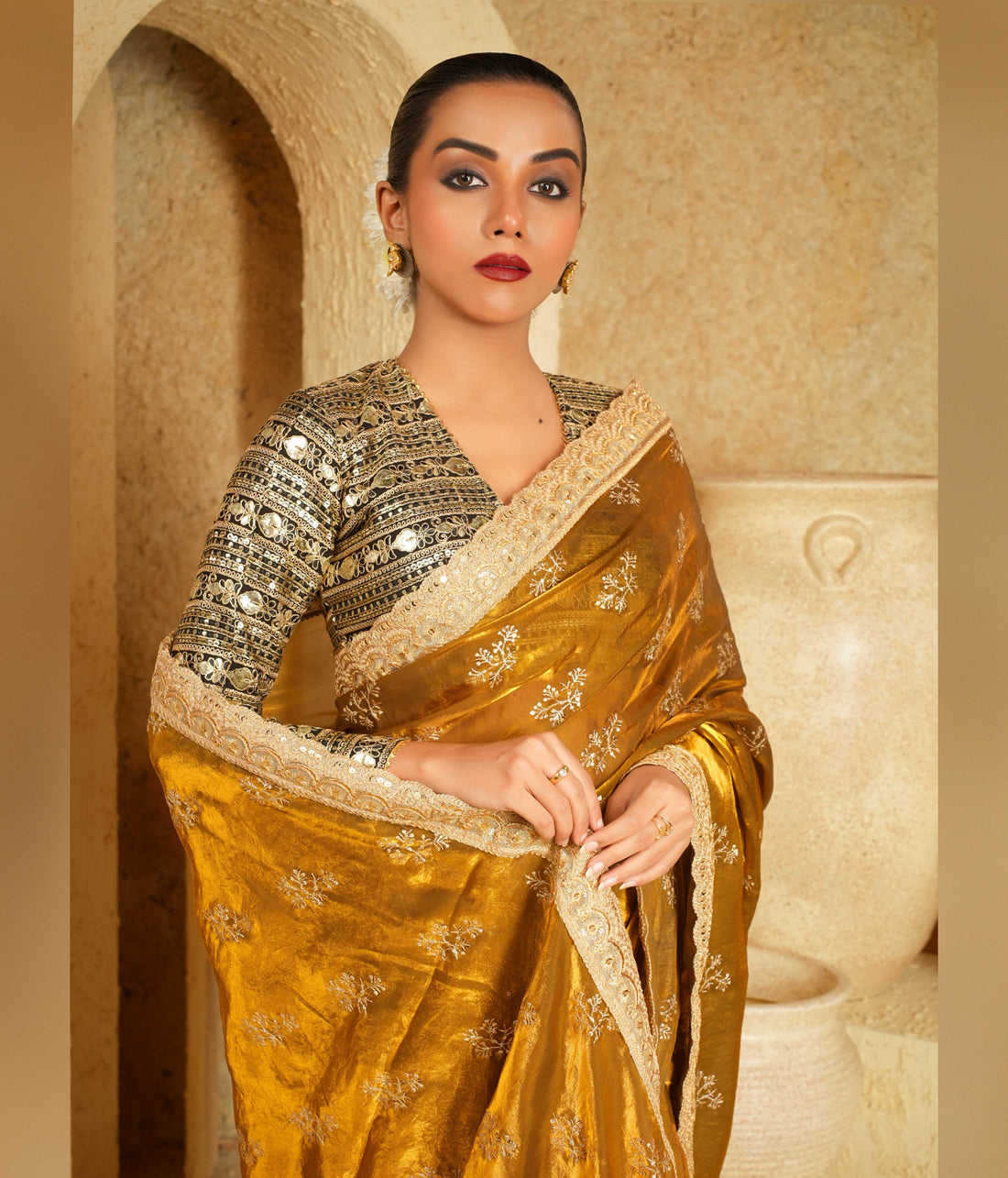 Sequins and thread embroidery saree