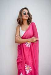 Hot Pink Handpainted Mulmul Cotton Saree- By Reet Lifestyle