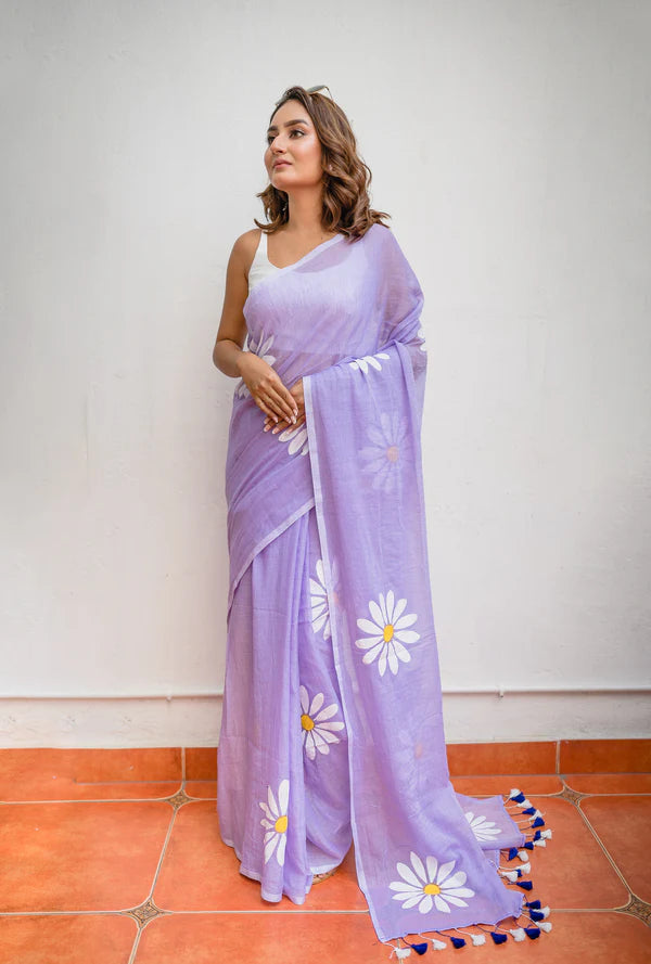 Lavender Handpainted Mulmul Cotton Saree- By Reet Lifestyle