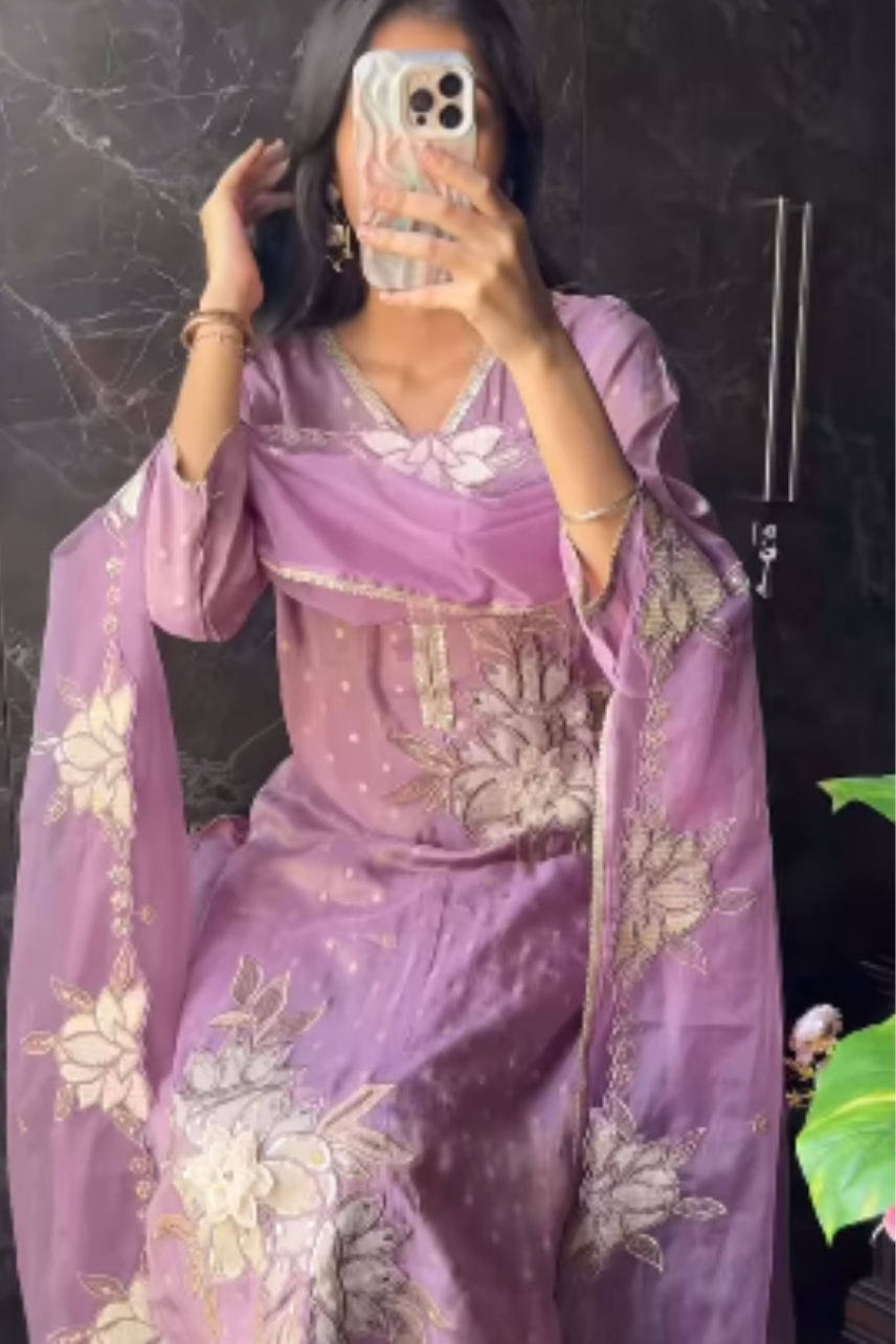 Lavender Tissue Shimmer Hand-Embroidered Suit
