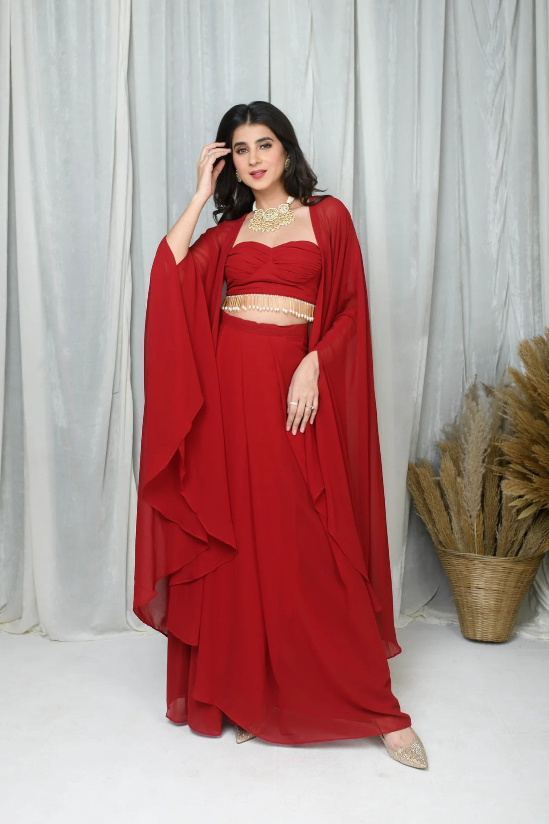 Red Cape and Drape Skirt Set- By Reet Lifestyle