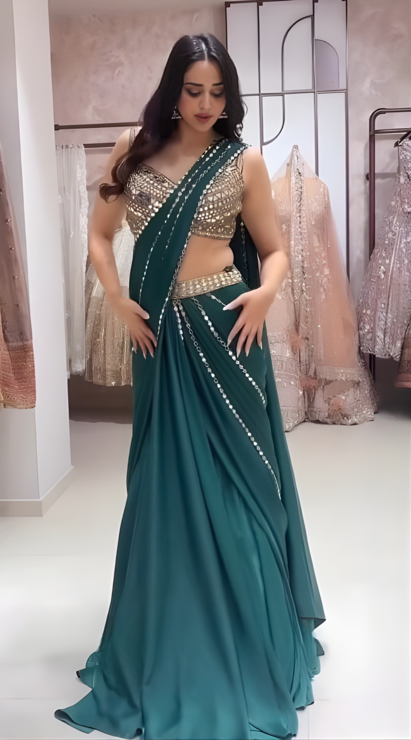 Green Premium Georgette Mirror Work Pre-Draped Saree with Blouse