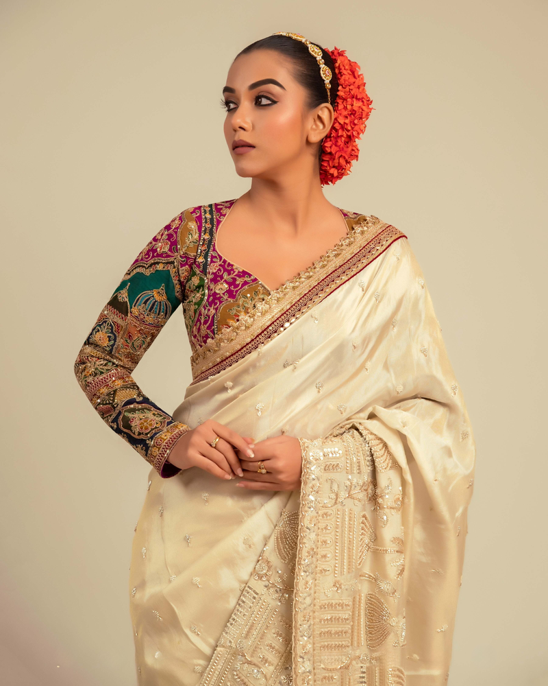 Ivory White Viscose Tissu desginer  Saree with  Blouse