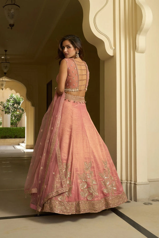 Blush Pink Shimmer Embroidered Lehenga Set with Mirror Work Blouse & Sheer Dupatta