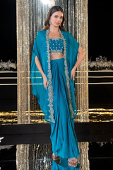 Teal Synthetic Glamorous Skirt Set