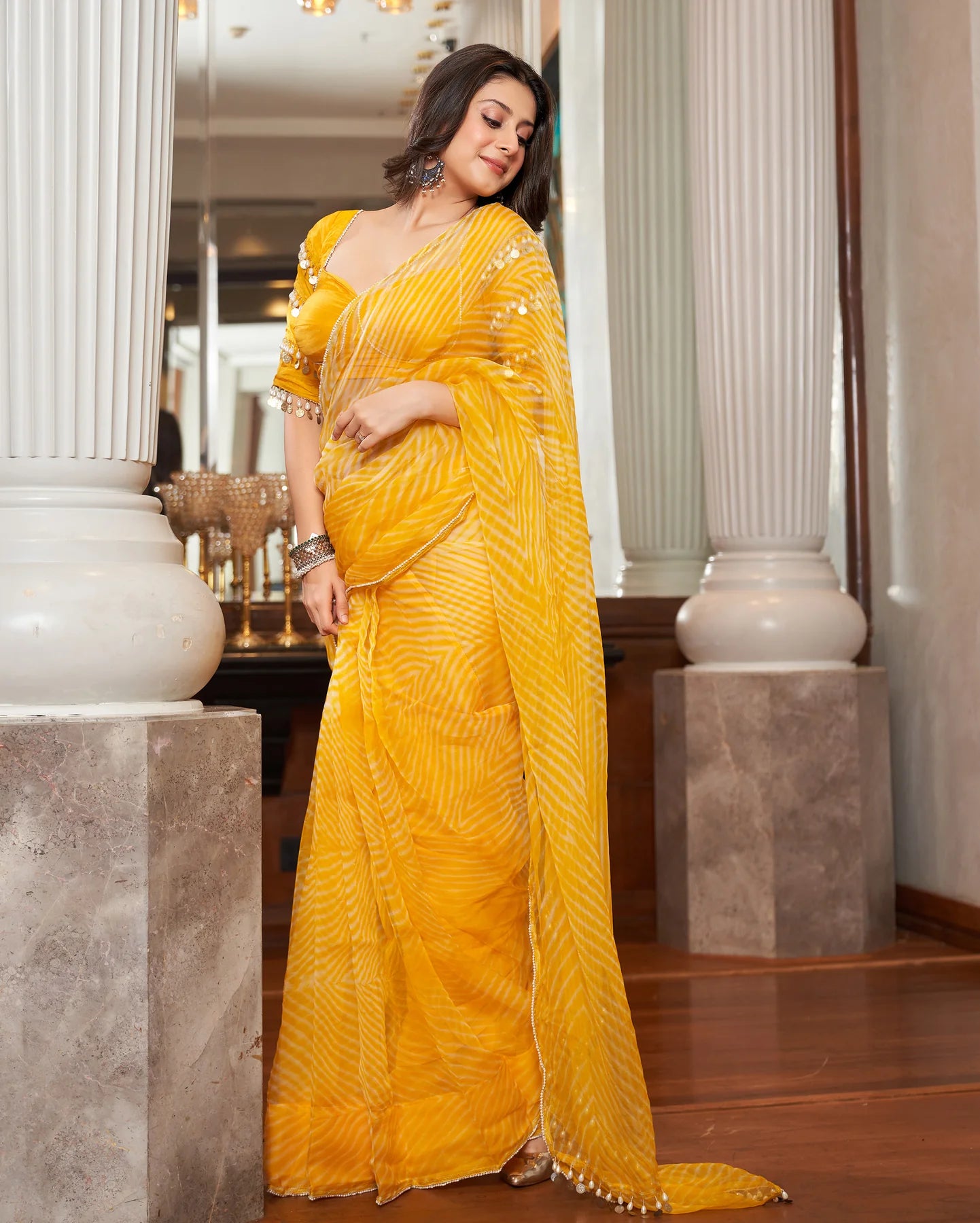 Agni Yellow Pre-Draped Leheriya Saree