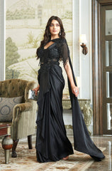 Black Chinoon Designer Pre-Draped Saree with blouse