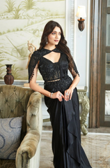 Black Chinoon Designer Pre-Draped Saree with blouse