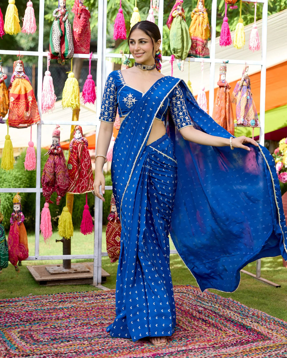 Blue Bandhani Crepe Ready to wear Saree with Blouse