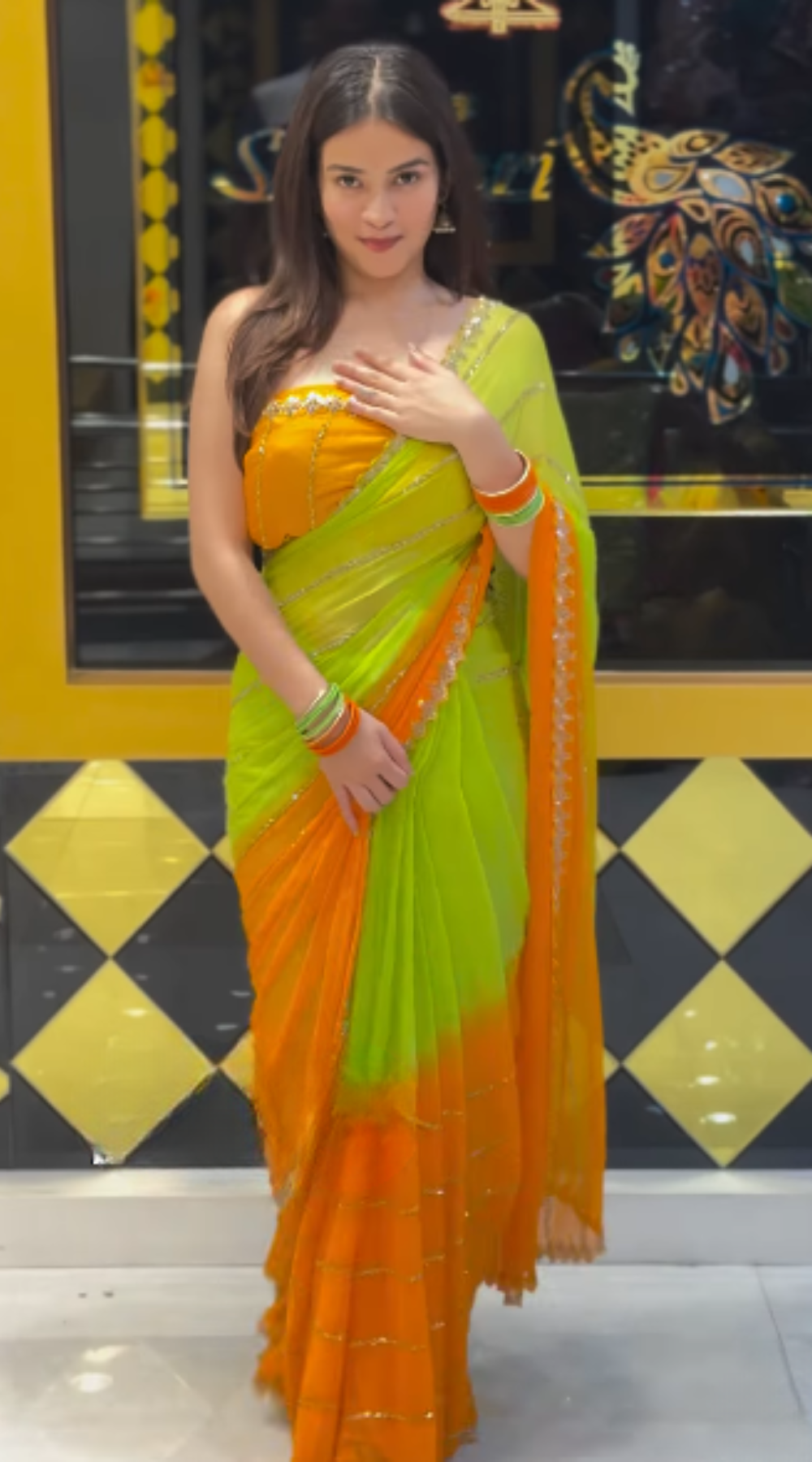 Orange & Green Ombre Saree