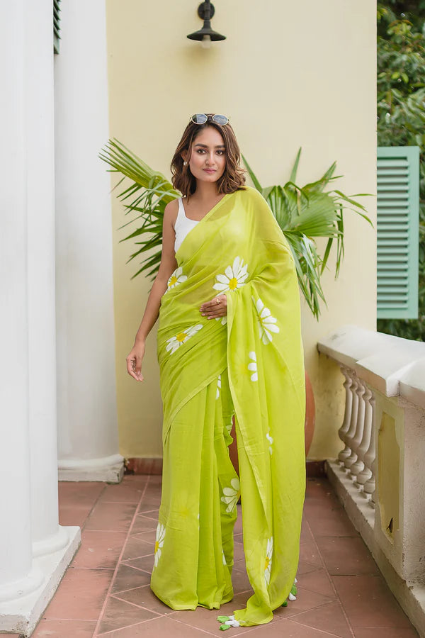 Green Hand Painted Mulmul Cotton Saree- By Reet Lifestyle