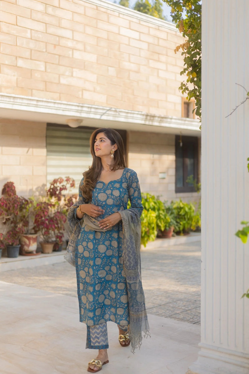 Dazzle Blue Straight Suit Set- By Reet Lifestyle