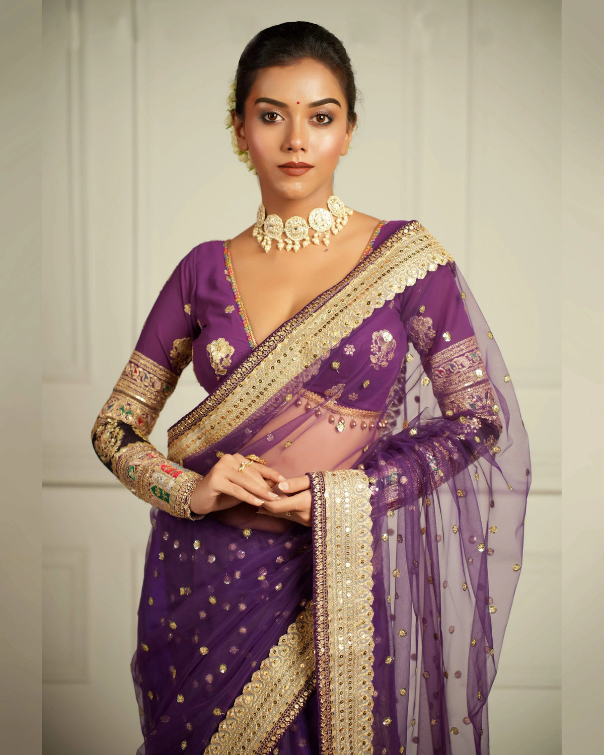 Golden sequins embroidery saree