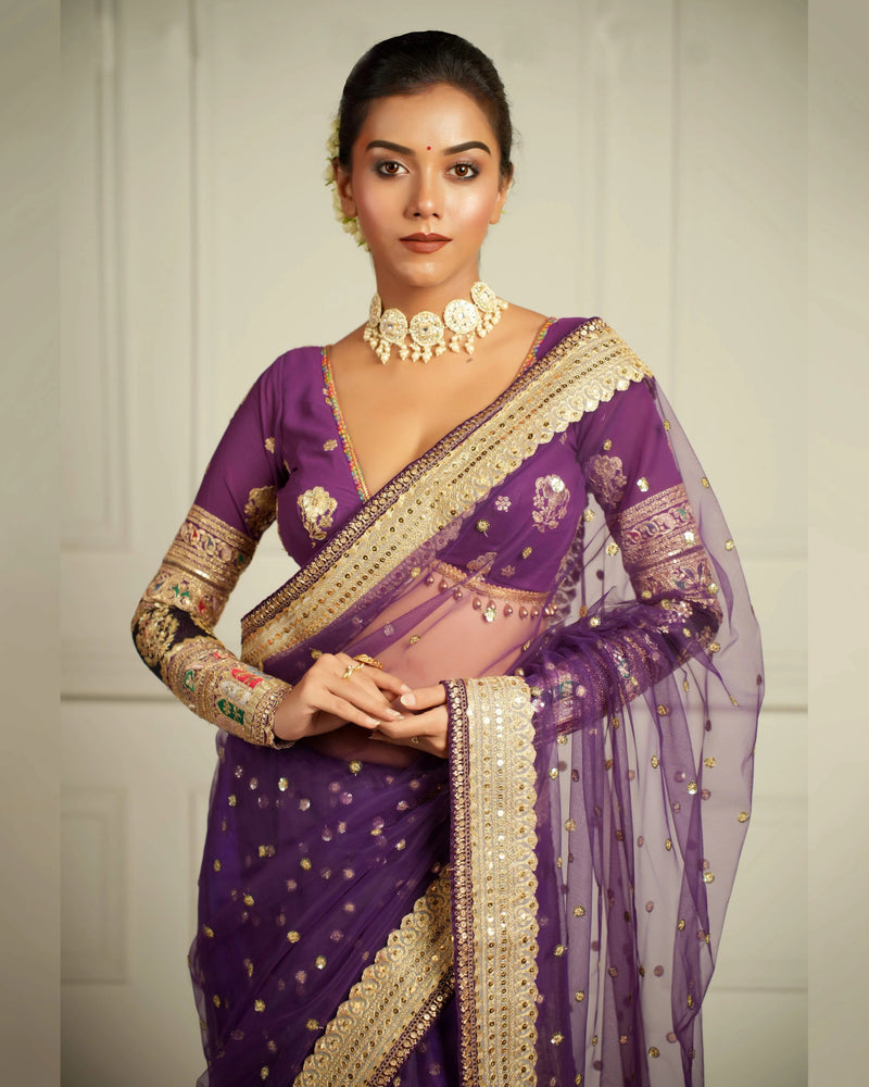 Golden sequins embroidery saree