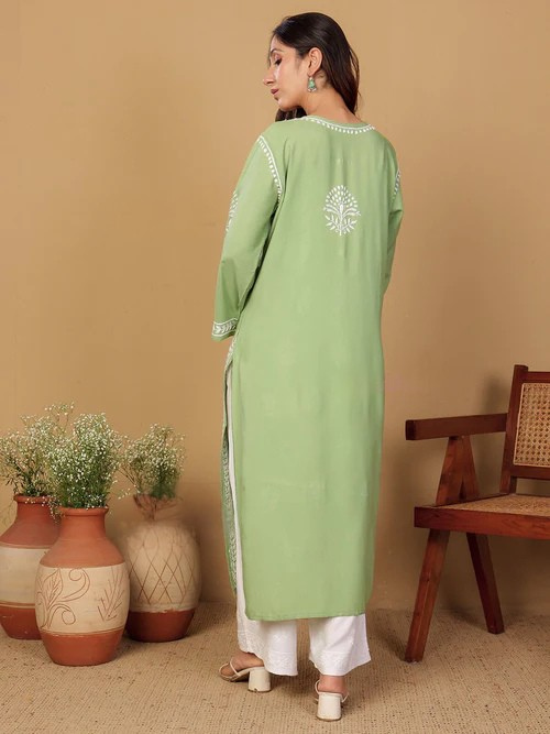 Rayon Long Chikankari Straight Kurti
