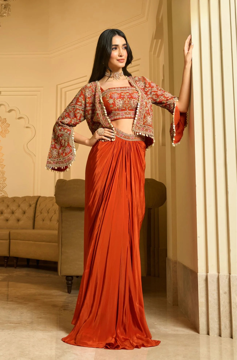 Orange Embroidered Crepe Three Piece Co-Ord Set