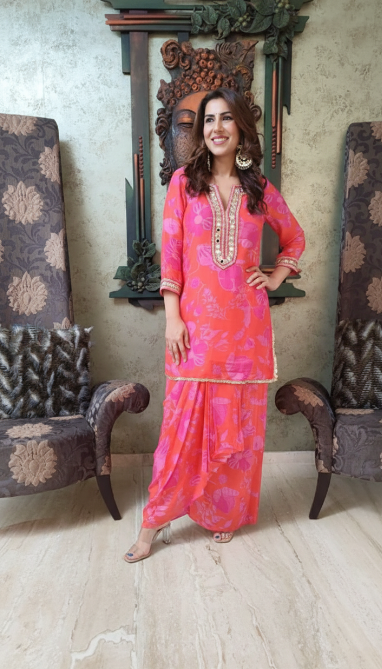Muslin Pink Floral Punjabi Dhoti Kurta