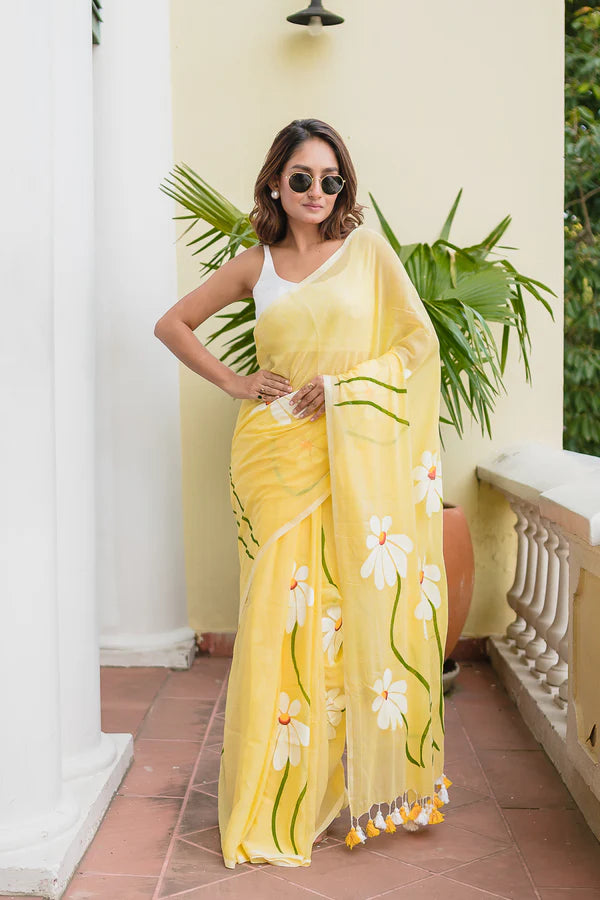 Yellow Hand Painted Mulmul Cotton Saree- By Reet Lifestyle