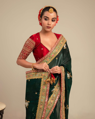 Deep Red saree with Blouse Gaji Silk Elbow Sleeve Saree With Blouse