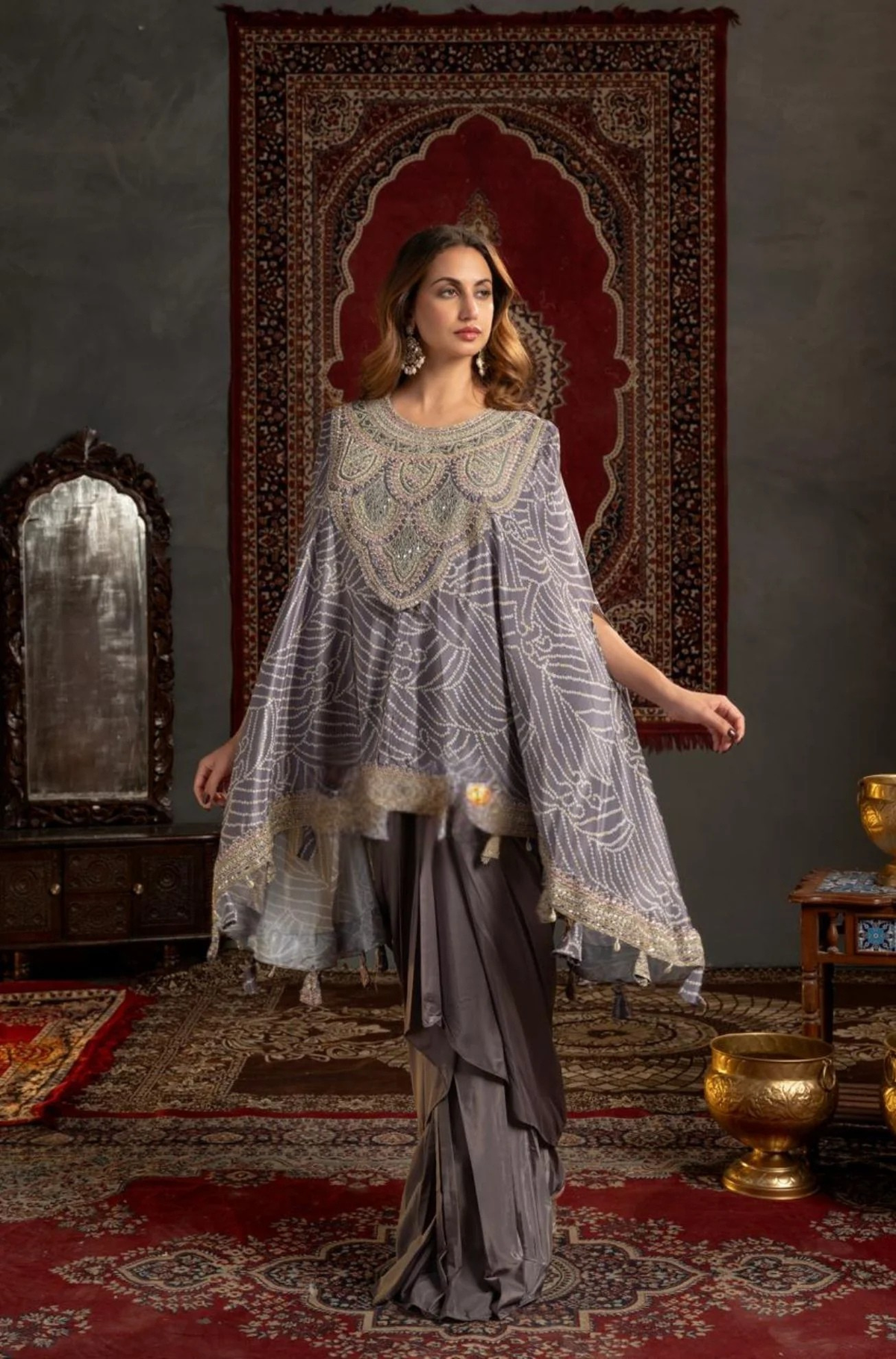 Silk Moti Stone Drape Skirt Set