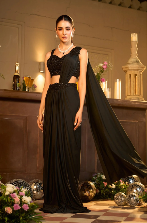 Black Lycra Net Pre-Drape Saree with blouse
