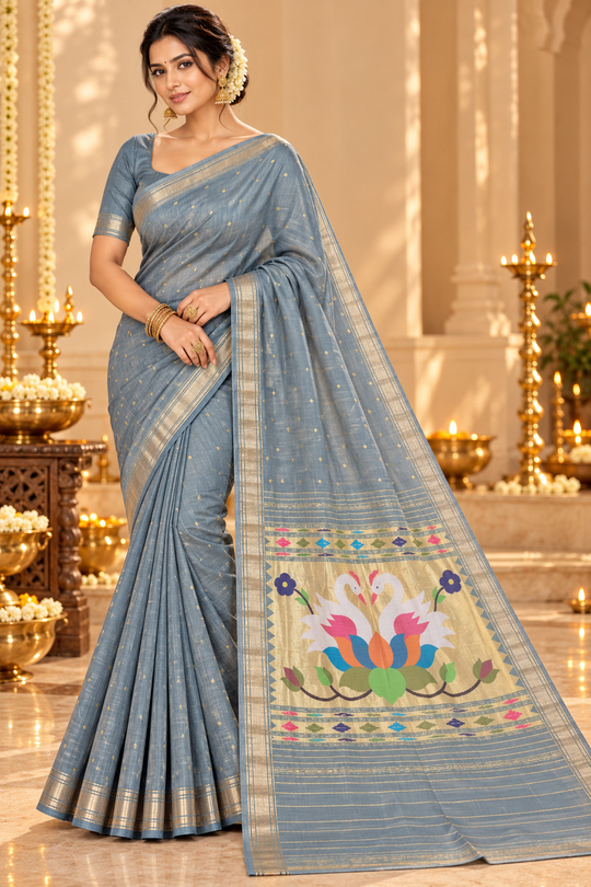 Steel Blue Cotton Paithani Saree with Golden Zari Border & Twin Swan Lotus Pallu