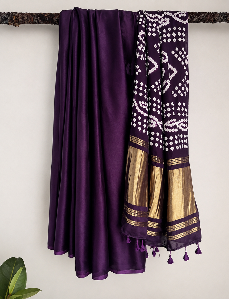 Amora Purple Satin Silk Saree with Gold Tissue Pallu