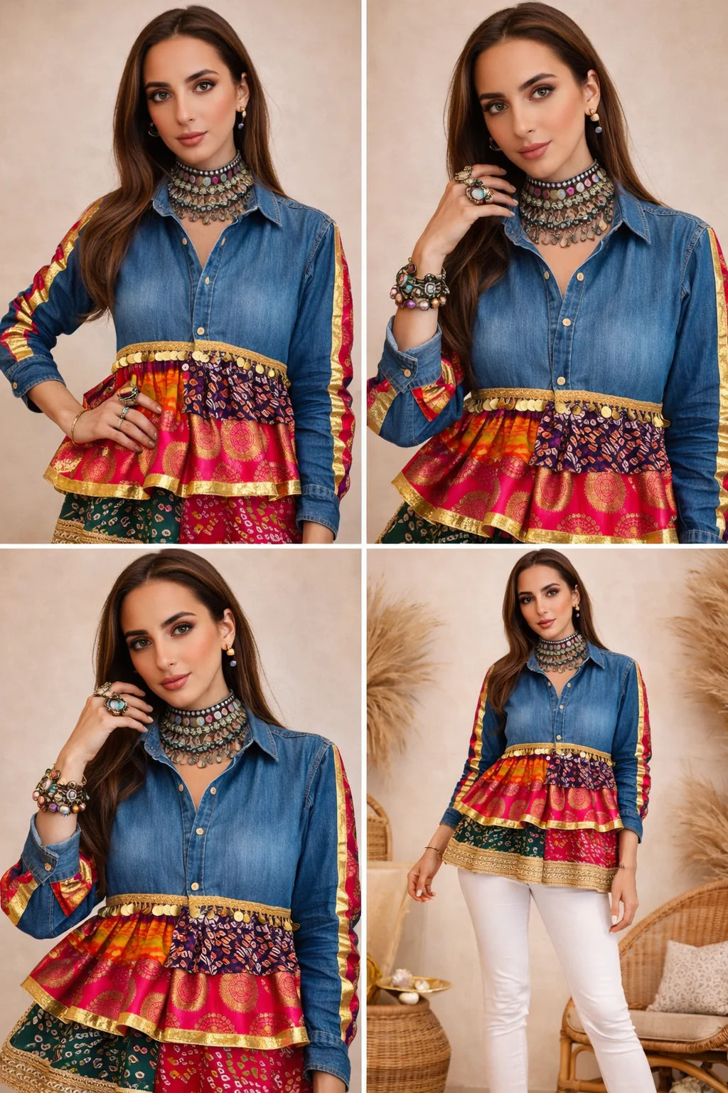 Fusion Denim Peplum shirt with Bandhani Silk Frill & Zari Accents