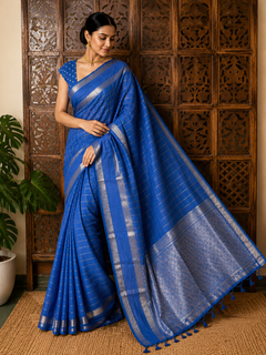 Royal Blue Viscose Crepe Saree with Silver Zari Border