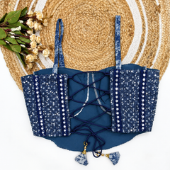 Blue Denim Mirror Work Embroidered Corset Blouse