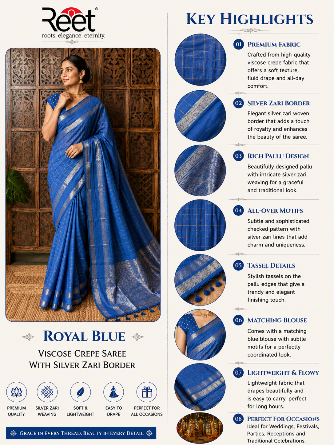 Royal Blue Viscose Crepe Saree with Silver Zari Border