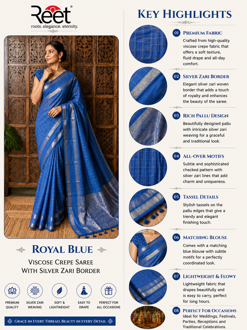 Royal Blue Viscose Crepe Saree with Silver Zari Border