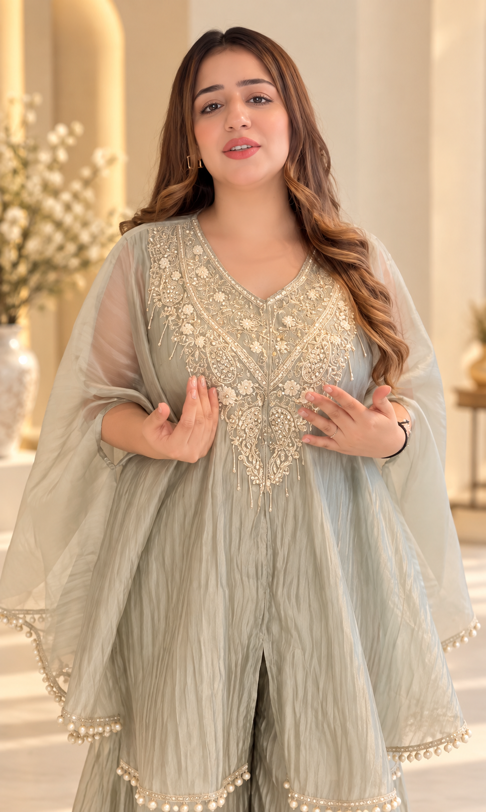 Noor-E-Zar Sage Grey Embroidered Kaftaan Palazzo Set